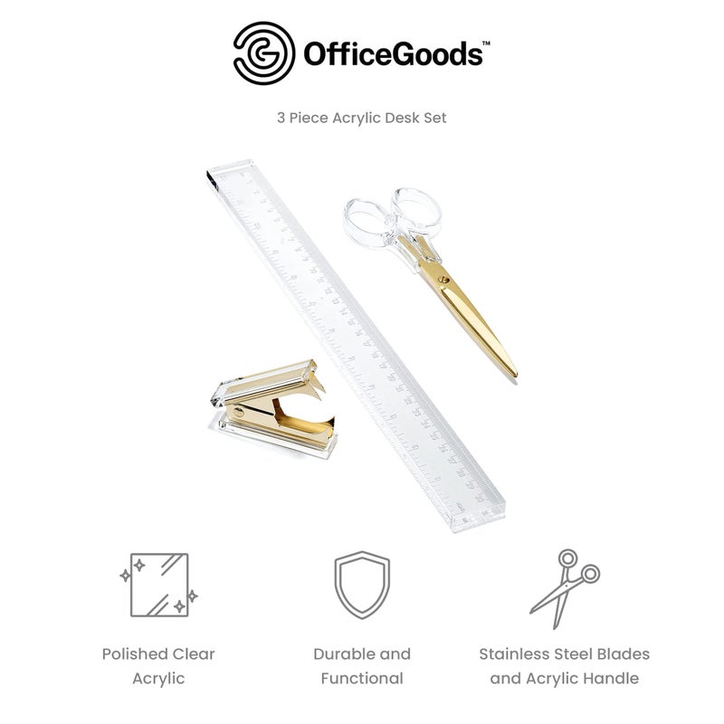 OfficeGoods 3 Piece Acrylic Desk Set - Includes Ruler, Staple Remover, Scissors - Functional & Elegant Desk Accessories - Stationary Tools for Home, Office, and School - Gold - Image 3